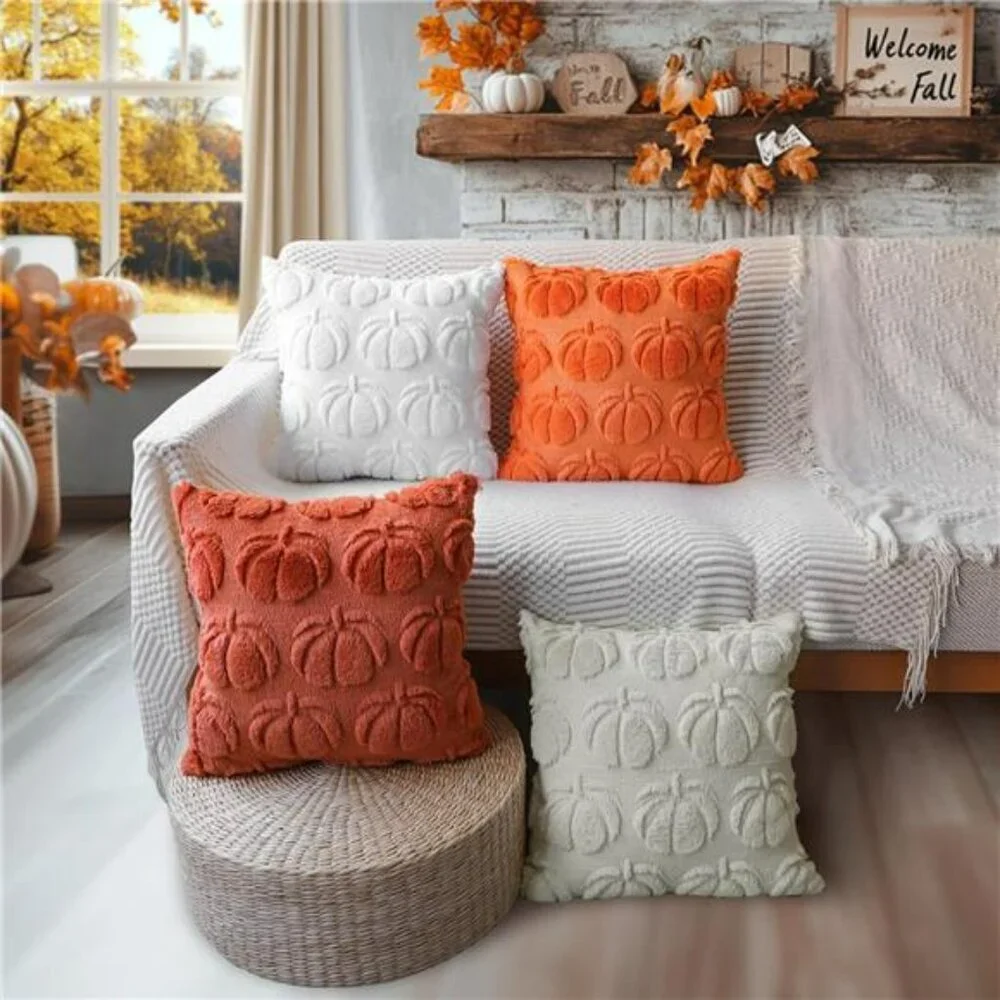 Fall Pumpkin Pillow Covers 18x18 Set of 2 Plush Faux Fur Farmhouse Thanksgiving